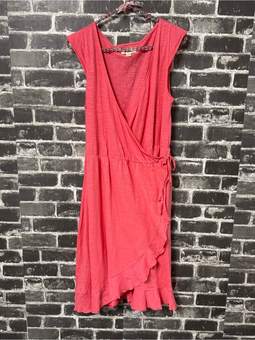 Pact faux wrap dress ruffle pink organic cotton